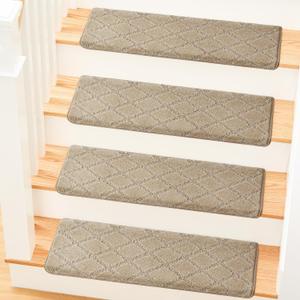 MBIGM Bullnose Carpet Stair Treads Non Slip Stair Mats for Wooden Stairs (14, Warm Ivory - Diamond, 9.5" x 30")