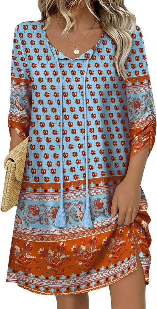 HOTOUCH Boho Dresses for Women Casual Beach Summer Dress V Neck 3/4 Long Sleeve Short Floral Print Swimsuit Cover Up Sundress, L