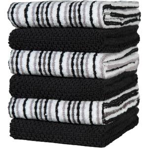 Popcorn Stripe Cotton Kitchen Towels - 6 Pack | 16'x26' | Highly Absorbent 400 GSM | Black