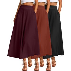Ficerd 3 Pack Women's Maxi Long Skirts with Pockets, A Line Ankle Length High Waisted Flowy Soft Summer Casual Skirts, L, Rose Red, Pumpkin, Black