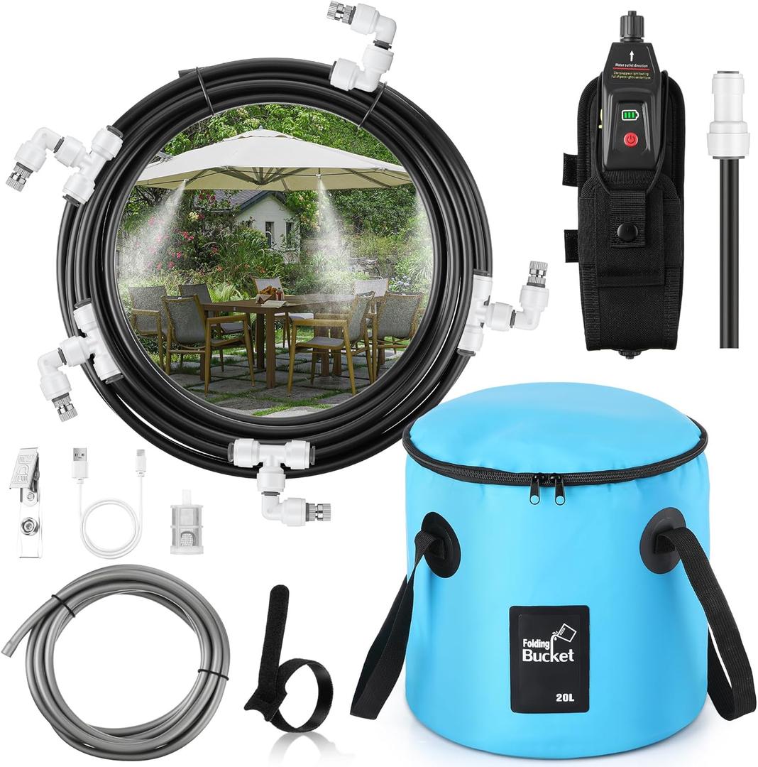 HappyAlley Portable Misting System, 23 FT Cooling Misters with Water Mister Pump 20 L Foldable Bucket 6 Mist Nozzles for Outdoor Patios, Golf Carts, Greenhouses, Canopy, Decks, Camping, Hiking
