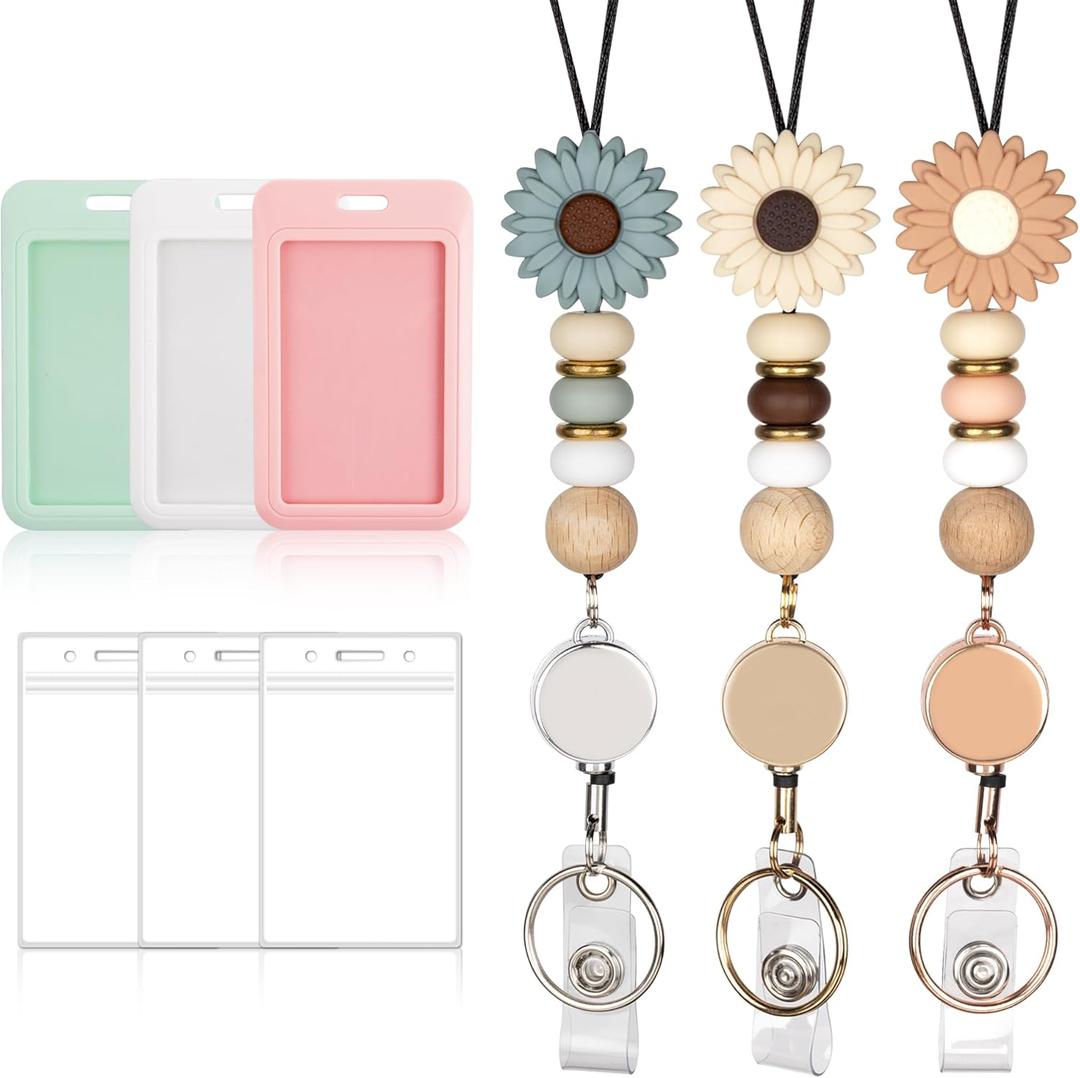 Qoroos 9 in 3 Sets Retractable Lanyards for ID Badges with ID Holder Teacher Lanyard for Women Cute Nurse School Silicone Beaded with Badge Reel (White Pink Green)