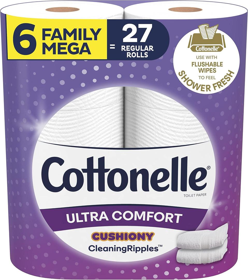 Cottonelle Ultra Comfort Toilet Paper with Cushiony CleaningRipples Texture, Strong Bath Tissue, 6 Family Mega Rolls (6 Family Mega Rolls = 27 Regular Rolls), 325 Sheets per Roll, 4 Pack