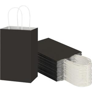 Toovip 50 Pack 5.25x3.25x8.25 Inch Small Black Kraft Paper Bags with Handles Bulk, Gift Wrap Bags for Favor Grocery Retail Party Birthday Shopping Business Goody Craft Merchandise Take Out Cub Sacks