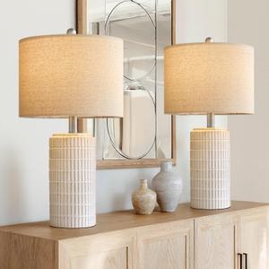 PoKat 24" Modern Ceramic Table Lamps Set of 2 for Bedroom, White Bedside Lamps for Night Stands, Farmhouse Desk Decor Nightstand Table Lamps for Living Room End Table Beige