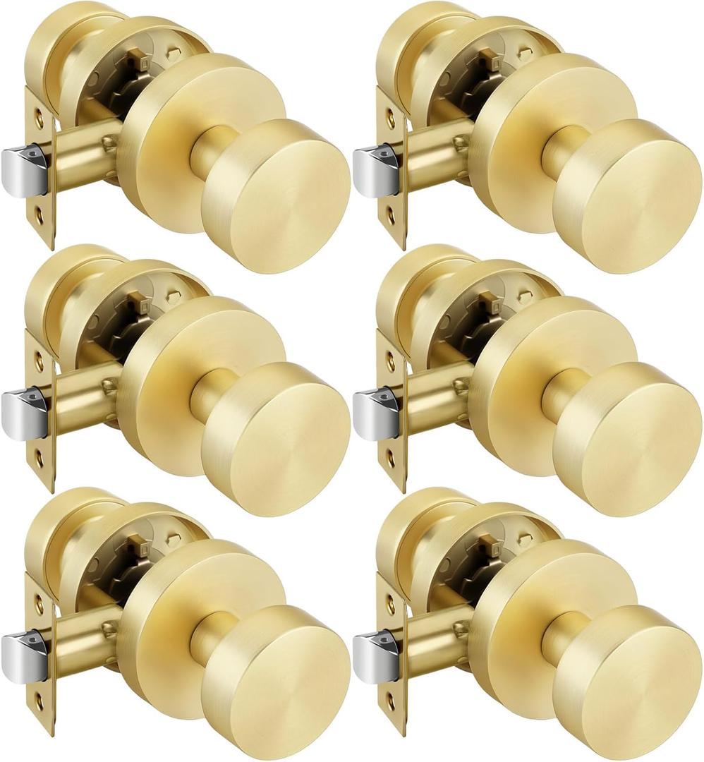 Goldenwarm Gold Door Knobs Closet, Zinc Alloy Round Ball Brushed Gold Passage Door Knobs for Hallways, Kitchens, Heavy Duty Passage Doorknobs Bulk - Modern & Stylish(6 Pack)