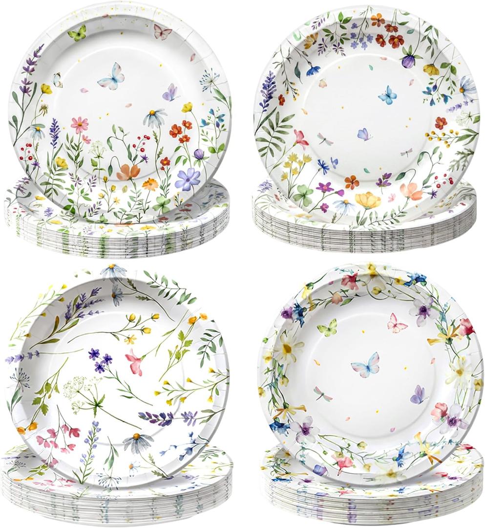 100 PCS Wildflower Party Plates, 9-Inch Floral Disposable Mother's Day Paper Plates for Mothers Day Baby Shower, Bridal Shower, Spring Birthday Party, Tea & Garden Party Decorations, 4 Floral Designs
