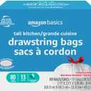 Amazon Basics Ultra-Force Tall Kitchen Drawstring Trash Bags, Classic Clean Scented, 13 Gallon, 80 Count with Odor Control