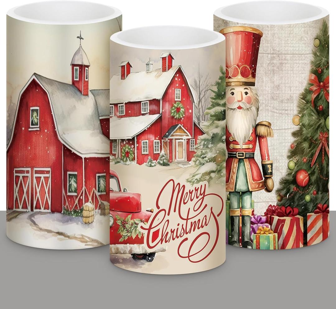 Retisee 3 Pcs Retro Rustic Christmas Flameless Candles with Remote Vintage Christmas Battery Operated LED Candle Retro Nostalgic Xmas Decor for Rustic Xmas Holiday Dining Table Bedroom Living Room