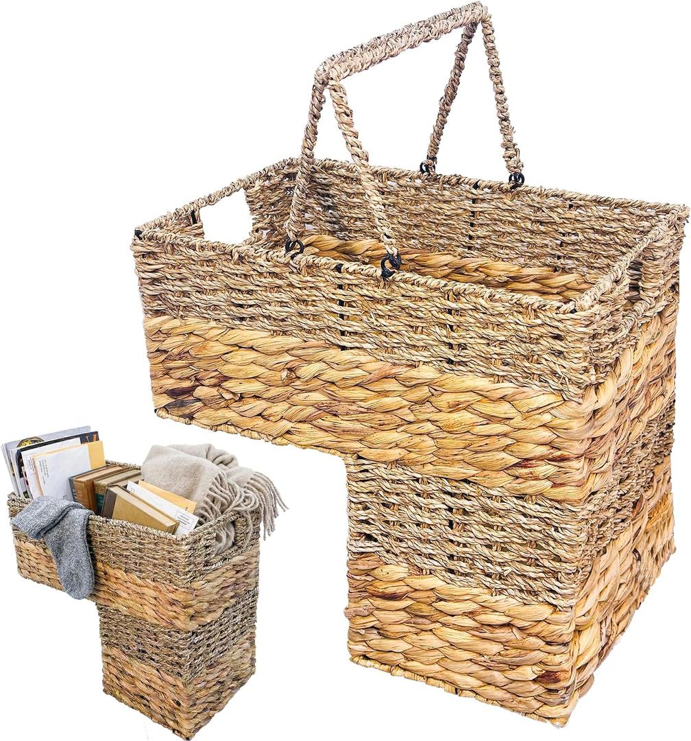 L-Shaped Wicker Stair Basket with Carry Handles, Reinforced Metal Frame