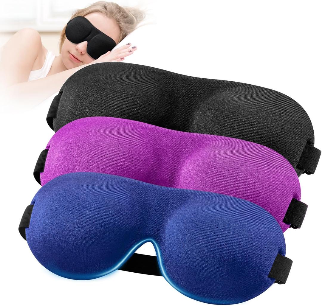 YIVIEW Sleep Mask for Back and Side Sleeper Pack of 3, 100% Light Blocking 3D Eye Masks for Sleeping, Lightweight & Breathable Eye Cover for Women Men, Zero Pressure Night Blindfold (Black & Blue & Purple)