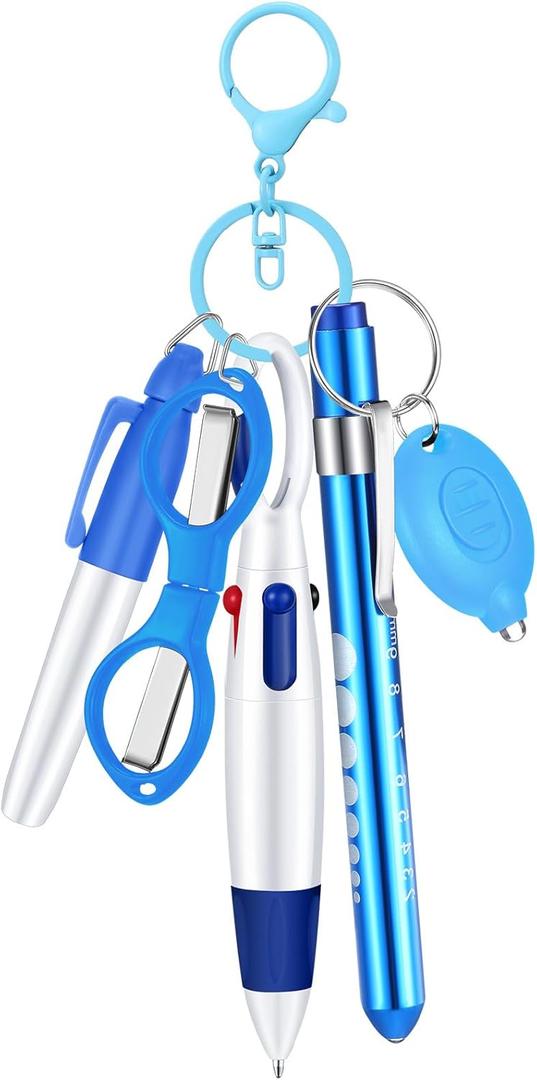 6 Pcs Nurse Pen Set Include Permanent Marker Pen Retractable Ballpoint Pen Keychain Clip Foldable Scissors Lights LED Flashlight Keychain for Nurse Accessories(Blue)