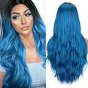 Dark Blue Wavy Long Wigs for Women Natural Curly Middle Part with Light Blue Highlight Hair Heat Resistant Synthetic Wig for Halloween Cosplay Use