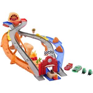 Mattel Disney and Pixar Cars Toy Playset, Lightning McQueen & Chicks Hicks & 2 Pitty Crew Vehicles, 2 Ways to Race, Race & Rescue Rescue Road Raceway