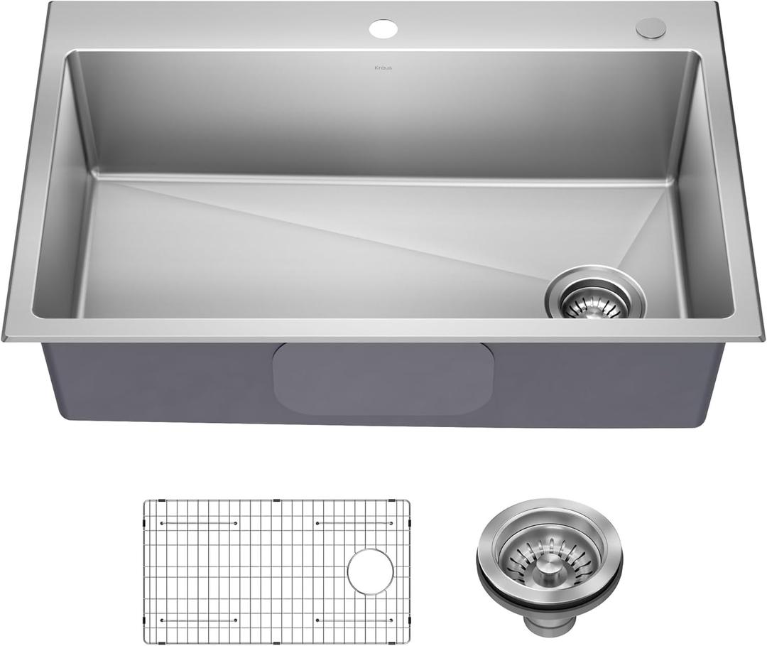 KRAUS Fairlane 33-inch Drop In/Top Mount Single Bowl 18-Gauge Stainless Steel Kitchen Sink, KHT640-33