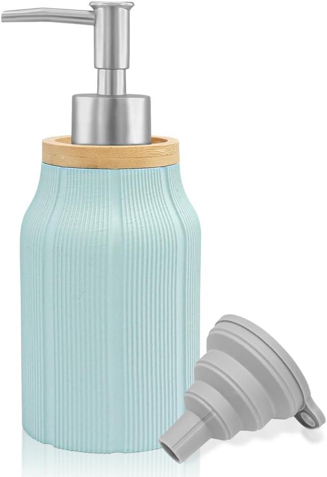 Striped Soap Dispenser,16 Oz Hand Soap Dispenser for Bathroom & Kitchen Countertops,Soft Touch Hand Lotion Dispenser with Pump, Durable and Stylish Design,Packaging Includes Silicone Funne (Blue)