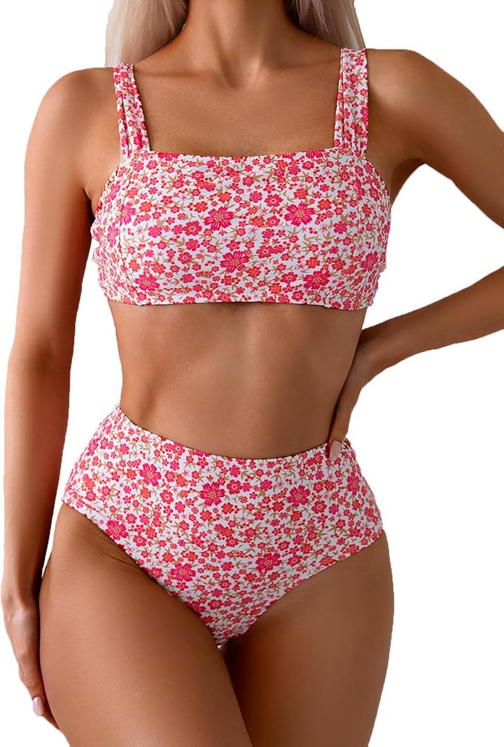 Fanuerg Women's High Waisted Bikini Sets Wide Straps Two Piece Swimsuit Floral Print Bathing Suits, Small