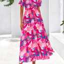 BTFBM Womens Spring 2026 Casual Maxi Dresses Short Sleeve Smocked Tiered Floral Boho Long Beach Dress with Pockets (M)