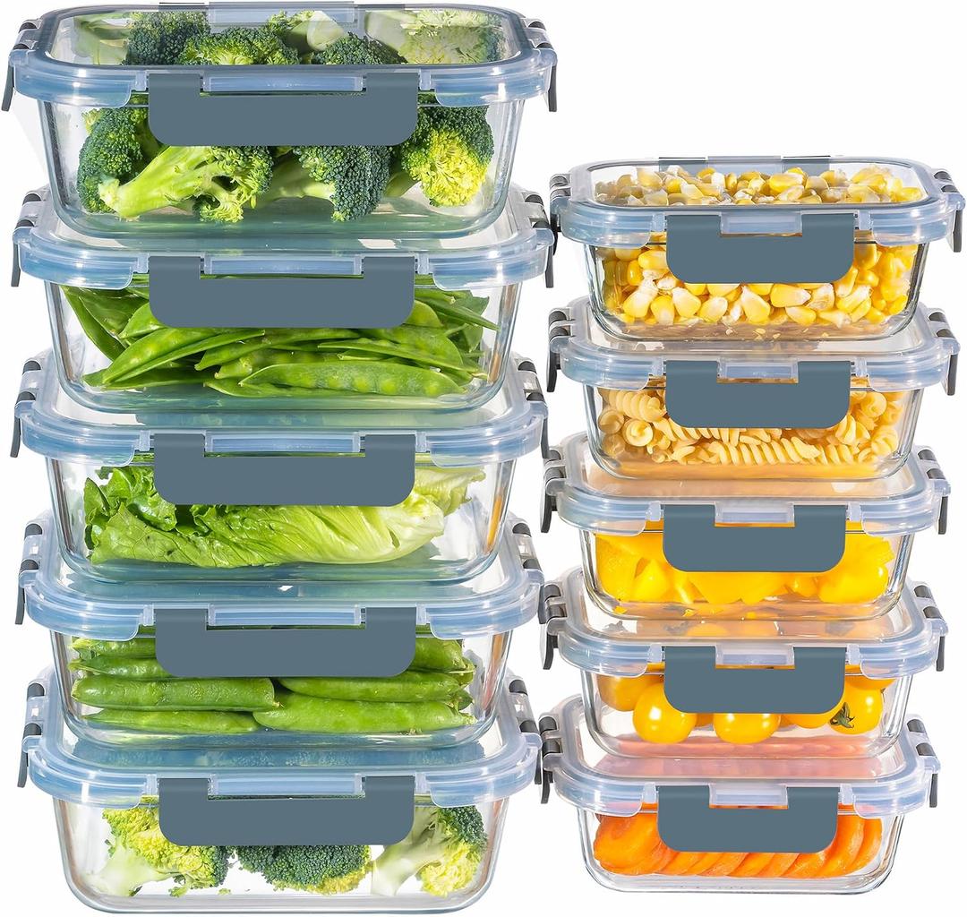 MFY 10-Pack Glass Storage Containers with Lids, Glass Meal Prep Containers Set, Airtight Lunch Containers with Lids, Microwave, Oven, Freezer and Dishwasher Safe, Gray, 15.4 inches x 7 inches x 7 inches