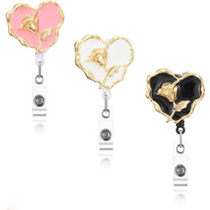 3pcs Heart Badge Reel,Cute Flower Badge Reels Retractable Badges Holder Clip,360Rotation Name Badges Holder Alligator Clip for Teacher Nurse Doctor Worker