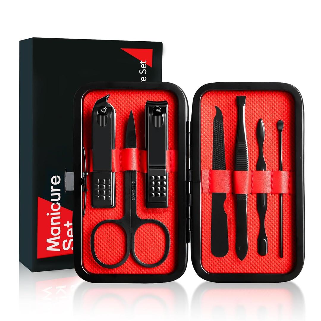 Manicure Set Gift for Men, Stocking Stuffers for Husband Teen Boy, 7 in 1 Finger and Toe Nail Clippers Kit, Men Personal Care Tools Accessories Pedicure Kits with Travel Case Nail Grooming Kit (Black)