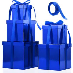 Cholemy 5 Pcs Square Nesting Boxes Decorative Gift Boxes with Lid and Ribbon Assorted Sizes Wrap for Wedding, Carnival, Anniversary, Birthday, Bridal Shower Party Gifts(Shiny Blue)
