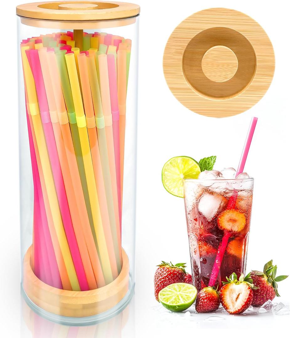 Straws Holder Dispenser for Counter, 10-Inch Drinking Straw Dispenser,Acrylic Straw Organizer with Bamboo Lid,Includes 100 Straws,Transparent Straw Storage Container for Kitchen,Pencils and Silverware