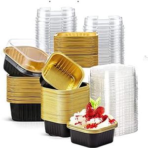 67 pcs Mini Square Baking Cups, 10 oz Aluminum Foil Mini Cake Pans with Lids, Aluminum Foil Cupcake Flan, Muffin Liners, Custard Cake Cups, Catering Gathering Favor (black)