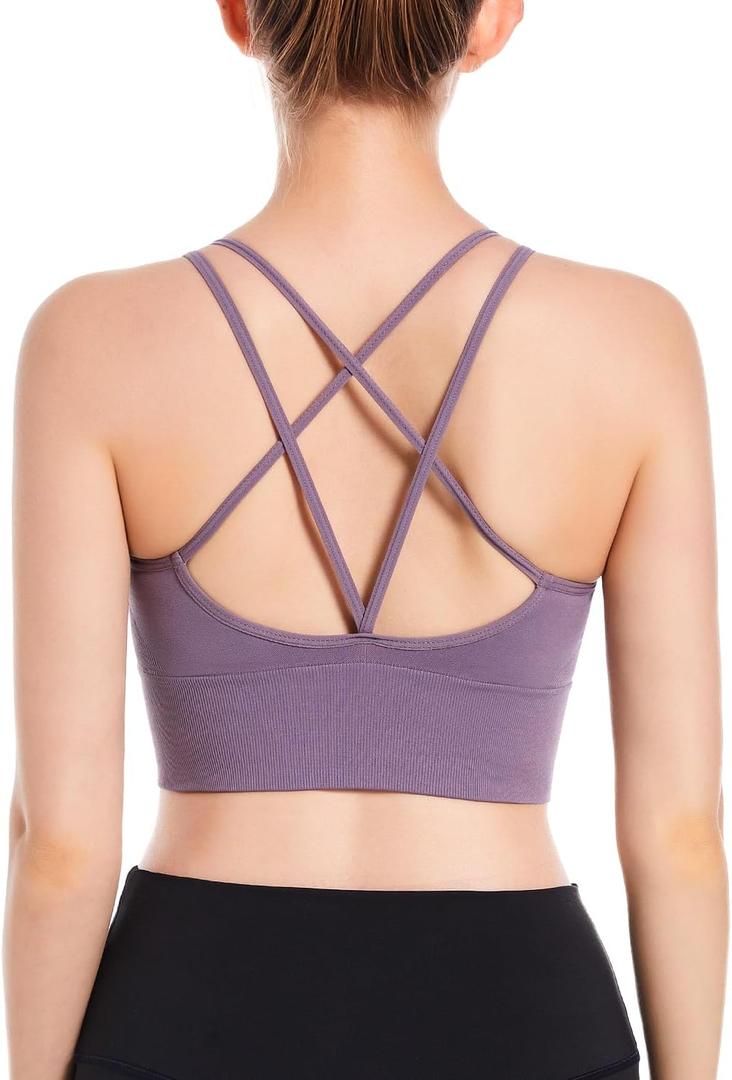 Sports Bras for Women, Criss-Cross Back, Adjustable Wire-Free Medium Support Workout Bra with Removable Cups (Large, Purple 1)