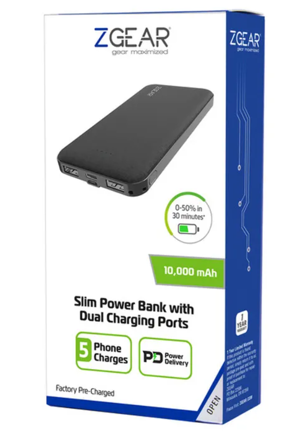 ZGear (10,000mAh) Slim Power Bank with Dual Charging Ports - Black