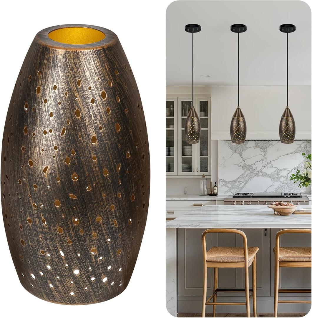 Pendant Light Shade Replacement with 1-5/8" Fitter, Metal Lampshade Height 7.8 in Diameter 4.7 in, Antique Bronze Oval Shaped Cover for Pendant Kitchen Wall Sconce Chandelier Vanity Light 1-Pack (Gold)