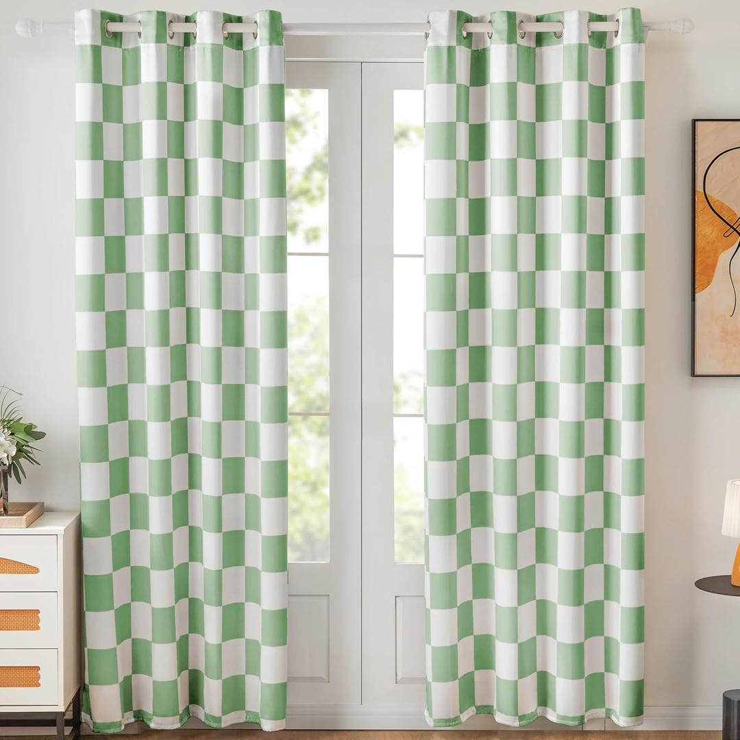 Sage Green Checkered Window Curtains, 100% Blackout Curtains 84 Inch Length 2 Panels Set, Darkening Curtains for Bedroom, Living Room Long Drapes 52" W x 84" L Each (Pack of 2)