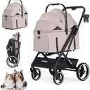 BEBEROAD X3 2 in 1 Pet Stroller for Medium or Two Small Dogs & Cats 4 Wheels Lightweight Foldable Carrier Dog Stroller with Waterproof Weather Cover Cup Holder,Storage Basket(Camel)