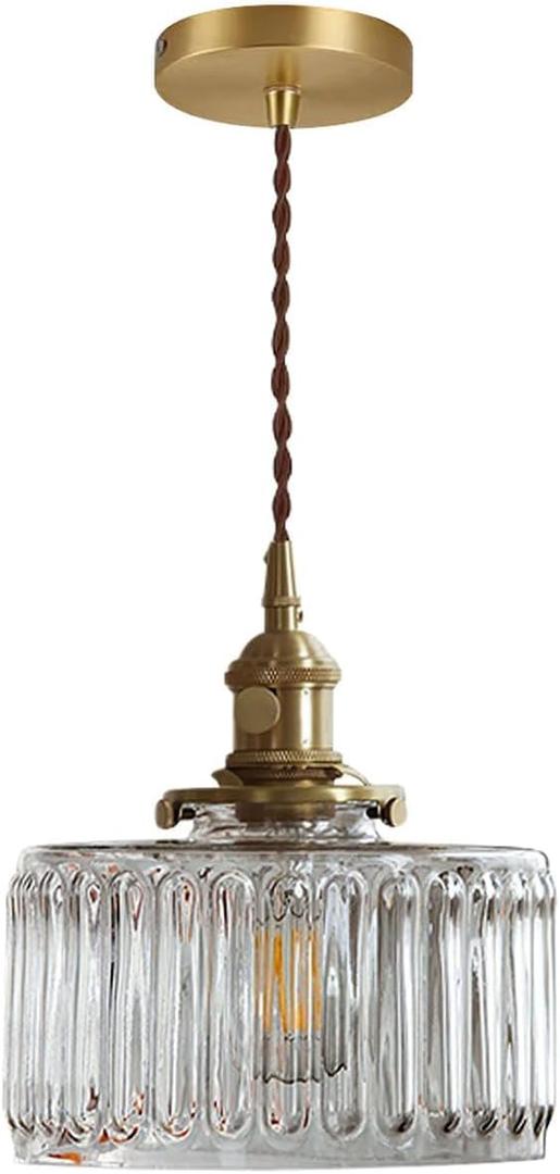 Glass Hanging Lights One-Light Vintage Pendant Light Fixtures Clear Striped Glass Shade Mid Century Modern Pendant Light Gold Brass Light Fixture Adjustable Cord for Dining Room Hallway, Clear-Hardwired-1-Light