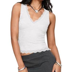 VNIRA Womens Lace Tank Top Scallop Sexy V-Neck Sleeveless Going Out Y2K Crop Tops 2025 Trendy Outfits