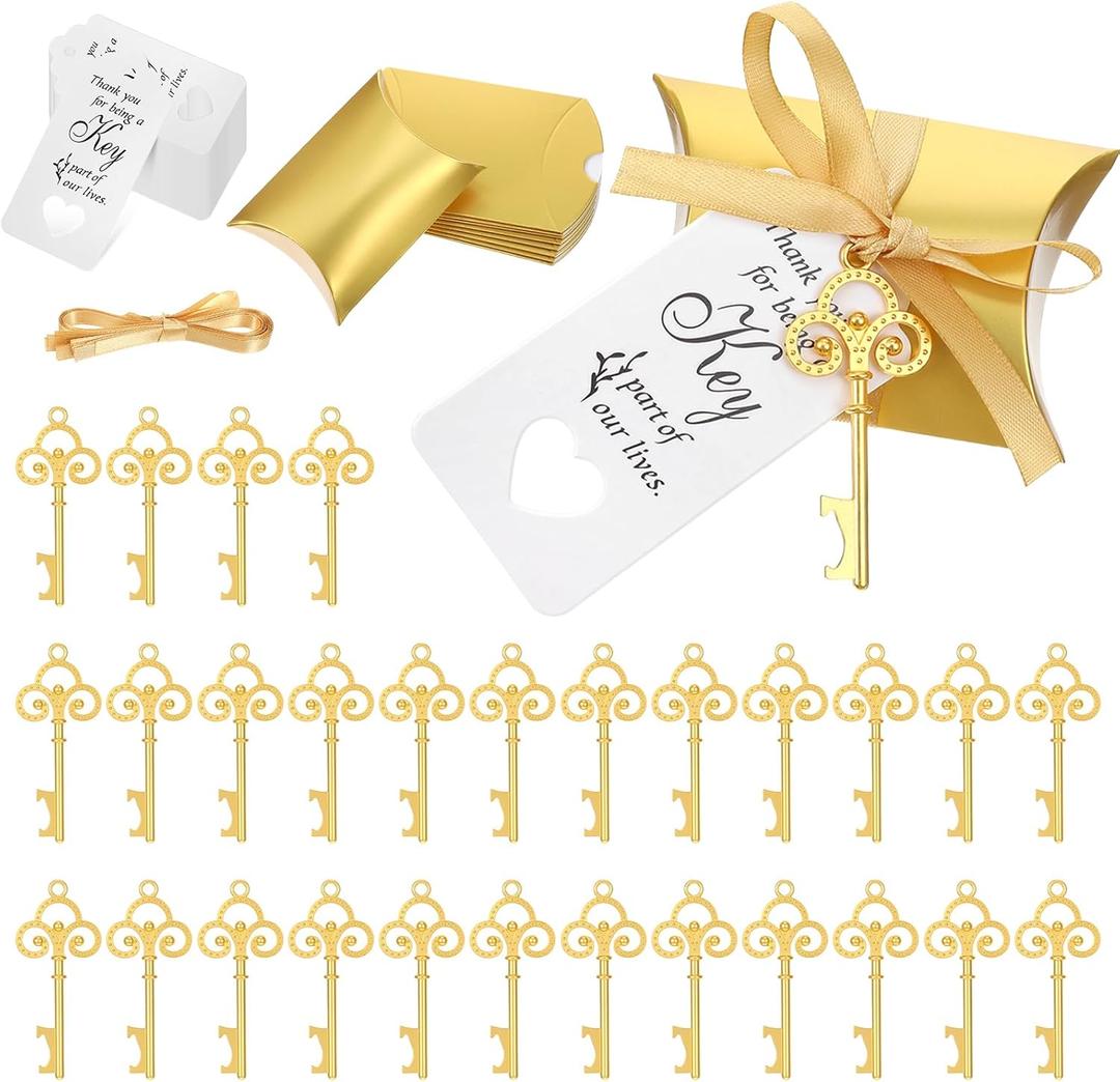 100 Sets Vintage Key Bottle Opener Wedding Favors, Wedding Party Souvenir Gift for Guests with Thank You Tag Card Pillow Candy Box and Satin Ribbon (Gold)