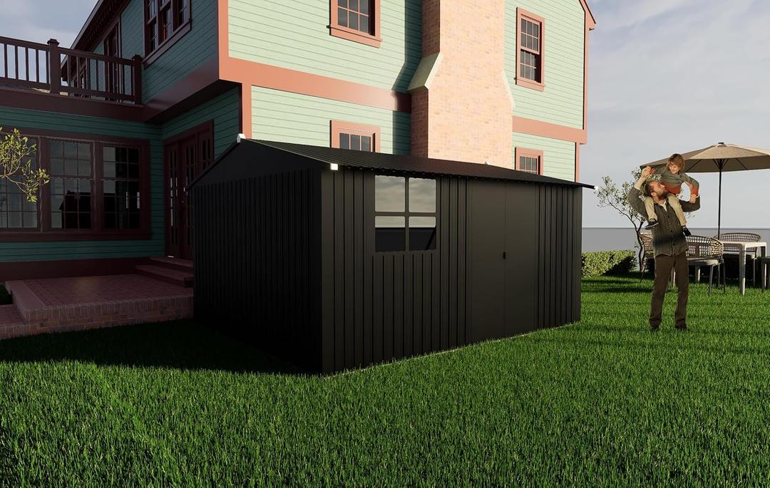 KEIKI 10' x 12' Outdoor Storage Shed Black Apex Roof Garden Shed with Sliding Door & Acrylic Window, Garden Tool Shed with Punched Vents for Bike,Toy, Garbage Can, Grey 