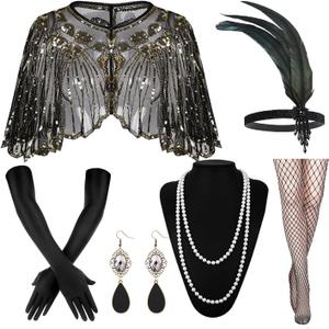 1920s Gatsby Flapper Accessories Set, Roaring 20s Accessories Women Feather Headpiece Necklace Earrings Long Gloves,Black Gold (Black)
