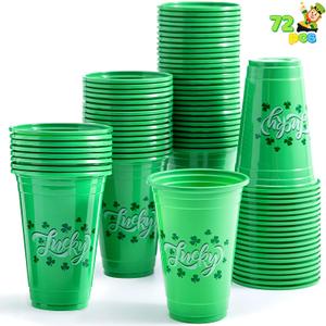 JOYIN 72 Pcs St.Patricks Day 16 oz Cups, Green Disposable Plastic Lucky Clover Cups for Saint Patrick Party Supplies Set, Irish Lucky Day Party Decoration