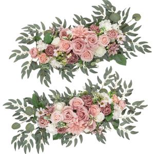 TINGE TIME Dusty Rose Flower Garlands, 2 PCS Pink Artificial Eucalyptus Garlands, Handcraft Artificial Rose Arch Flowers for Wedding Arch Sweetheart Table Ceremony Backdrop Decorations for Home