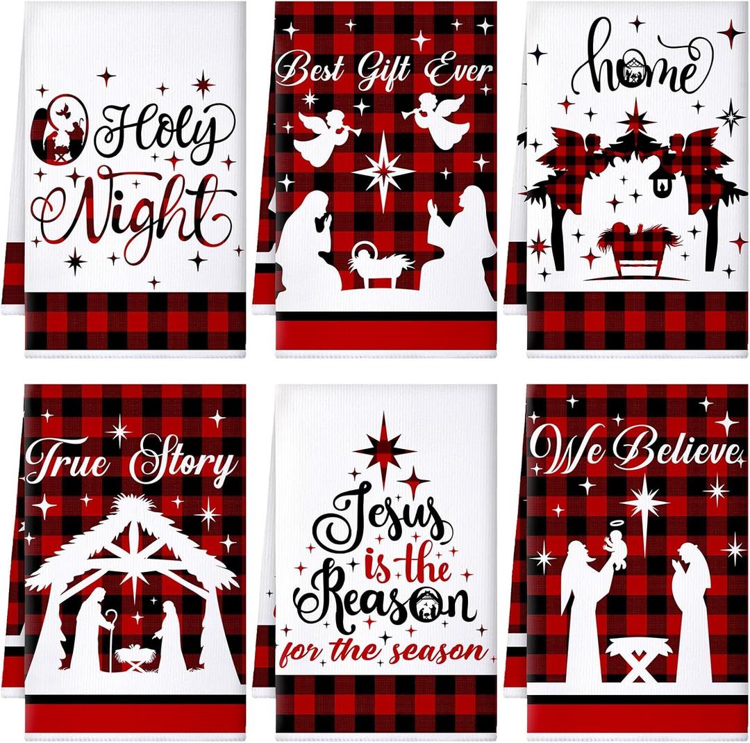 Bencailor 6 Pcs Christmas Kitchen Towels Nativity Scene Dish Hand Towels Buffalo Plaid Red Jesus Xmas Washcloths for Christmas Bathroom Home Decor Gifts (Classic Color)