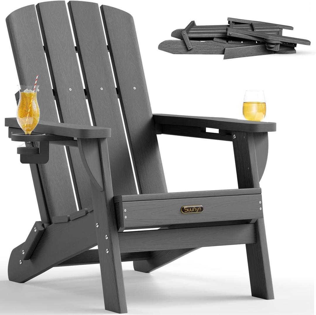 Folding Adirondack Chair, HDPE All-Weather Fire Pit Chairs, Plastic Adirondack Chairs with 2 Cup Holder, Outdoor Lawn Chair for Patio Garden (Grey)