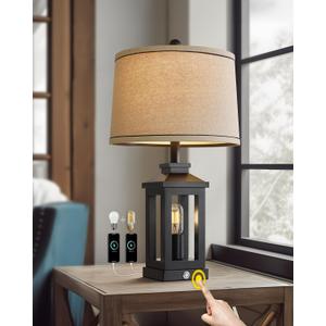 G-SAFAVA 23.75" Retro Farmhouse Black Table Lamp for Living Room Bedroom Nightstand Single Pack Touch Control Bedside Nightlight Vintage Modern Lamp with USB C+A Ports and 2 Light Sources