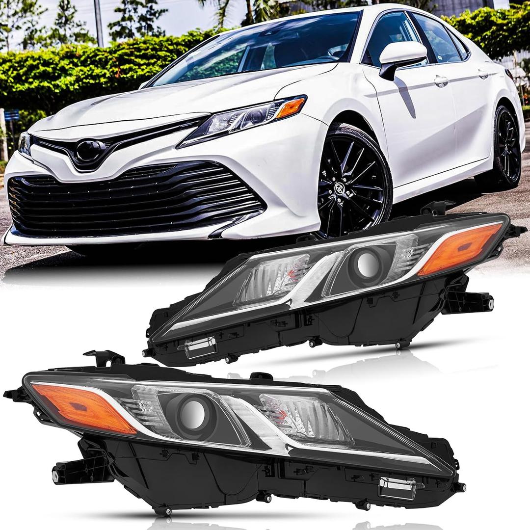 LED Projector Headlights Assembly Pair for 2018 2019 2020 2021 2022 2023 2024 Toyota Camry L/LE/SE Headlamps Head Lights Replacement Driver and Passenger Side,Chrome Housing Amber Reflector