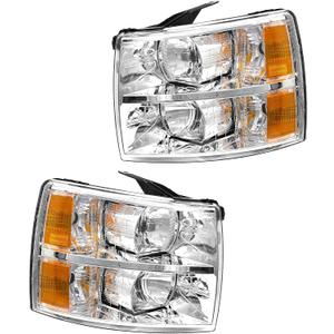 AS Headlight Assembly for 2007-2013 Chevy Silverado 1500/2007 2008 2009 2010 2011 2012 2013 2014 Chevy Silverado 2500HD 3500HD Chrome Housing Amber Reflector Replacement Pair