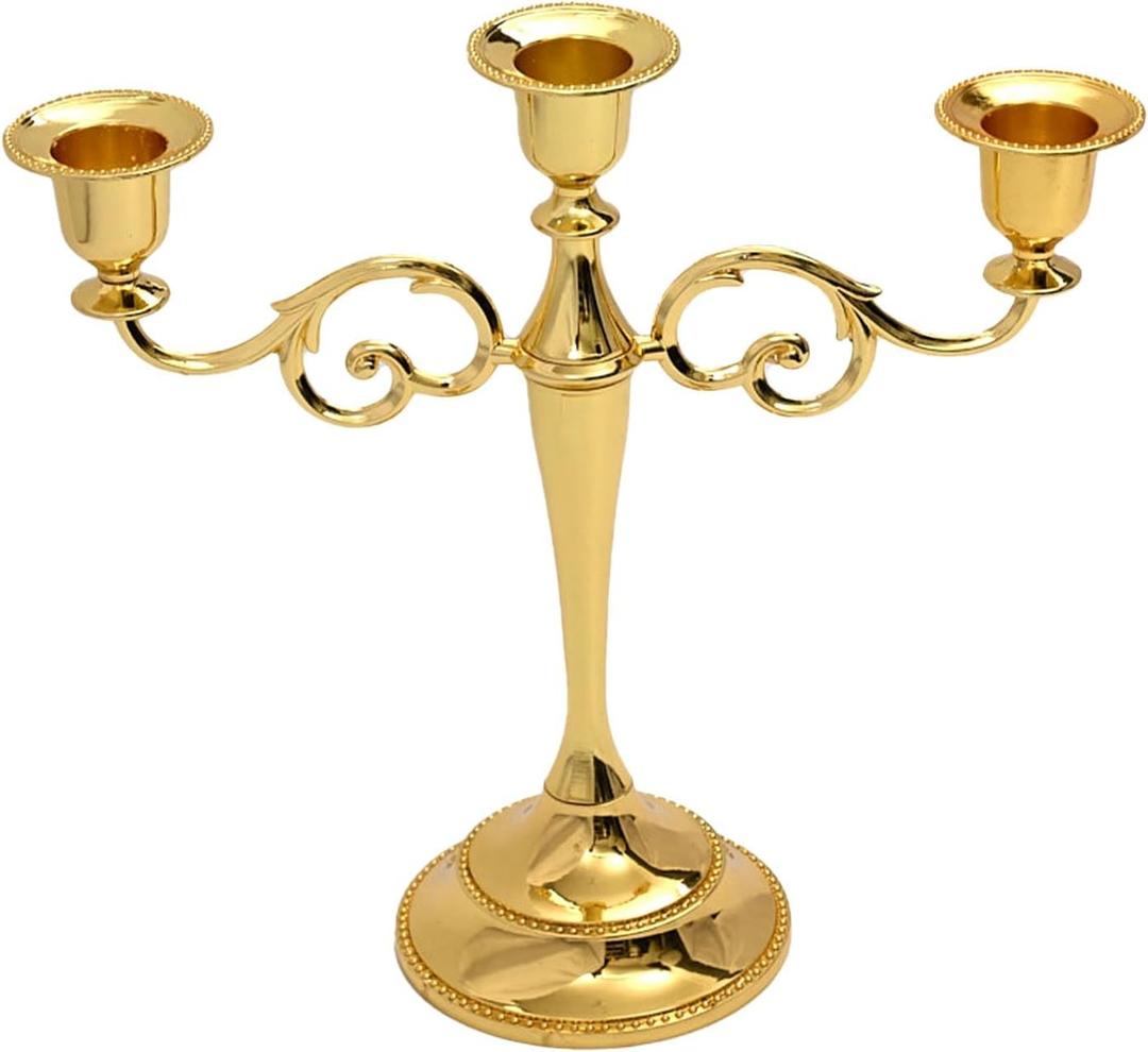 Gold Candelabra Candlestick 10.2 Inch Metal Candle Holders Polished Finish Taper Candle Holder Stand for Dining Tables Home Decor Wedding Church Christmas Holiday Party (3-Arm)