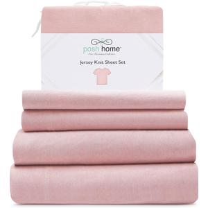 Posh Home Jersey Knit Sheet Set 4-Piece Breathable & Soft Cotton Jersey Bed Sheets - Includes Flat Sheet, Fitted Sheet, & 2 Pillowcases - Full Size, Pink