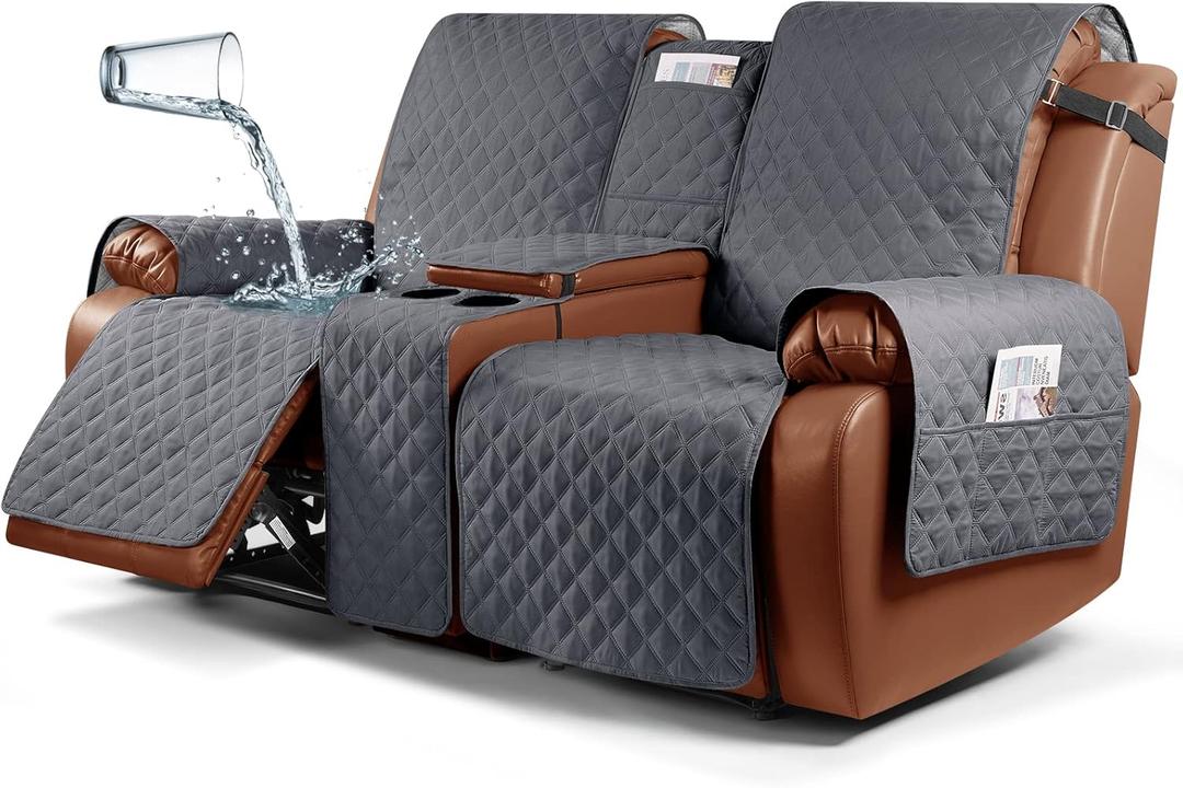 Ruaozz Waterproof Recliner Loveseat Cover with Console, Non-Slip Couch Cover Pet Cover for Double Recliner Split Sofa Cover with Elastic Straps for Kids, Dogs, Pets (Dark Grey, 2 Seater)
