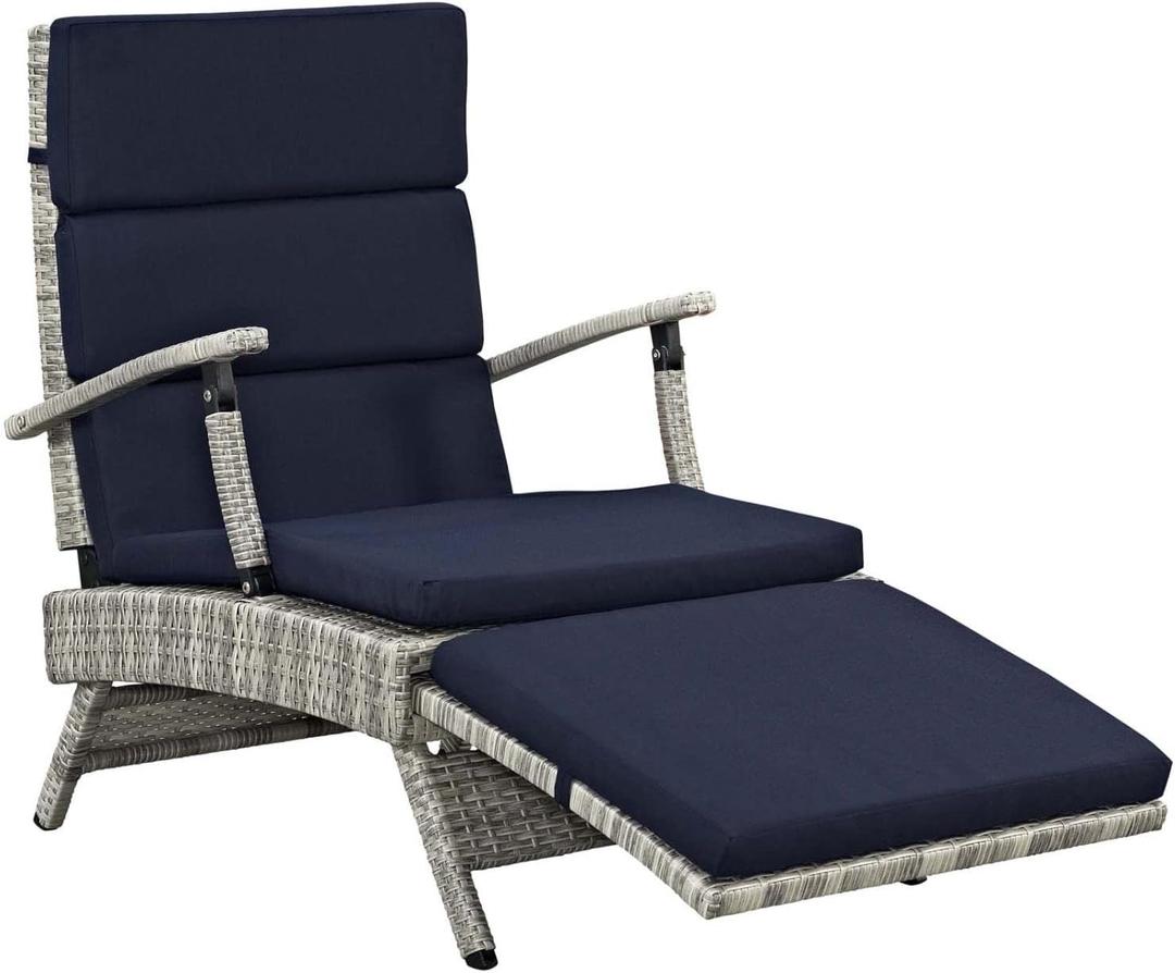 Modway Envisage Outdoor Patio Wicker Rattan Chaise Lounge in Light Gray Navy, 69"L x 35.5"H