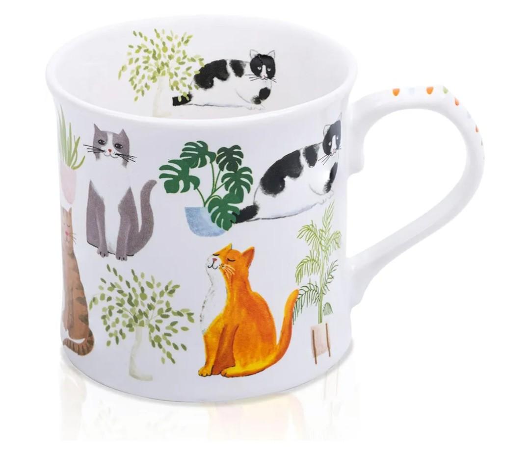 Cute Cats & Plants Coffee Mug - 12 oz Fine New Bone China Coffee Tea Cup with Kitten Design, Cat Mom Gifts for Women, Holiday Gift for Cat Lovers & Friends, Designed in England by Harvest Green Studio